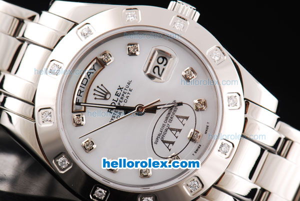 Rolex Day Date Oyster Perpetual Swiss ETA 2836 Automatic Movement Silver Case with White Dial and Diamond Markers - Click Image to Close